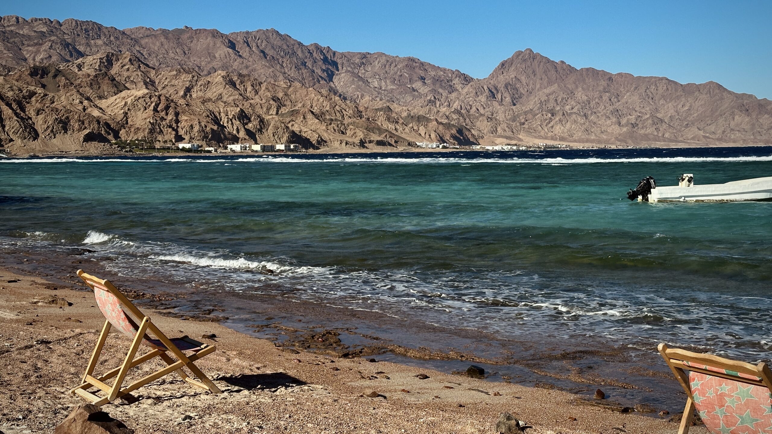 View of desert mountains behind the Red Sea in Dahab, Egypt